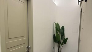 A hallway with a beige door, a potted plant, and a black tiled floor. - Volta 70 (Naples)