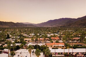 A residential area with houses, palm trees, and mountains in the background.
