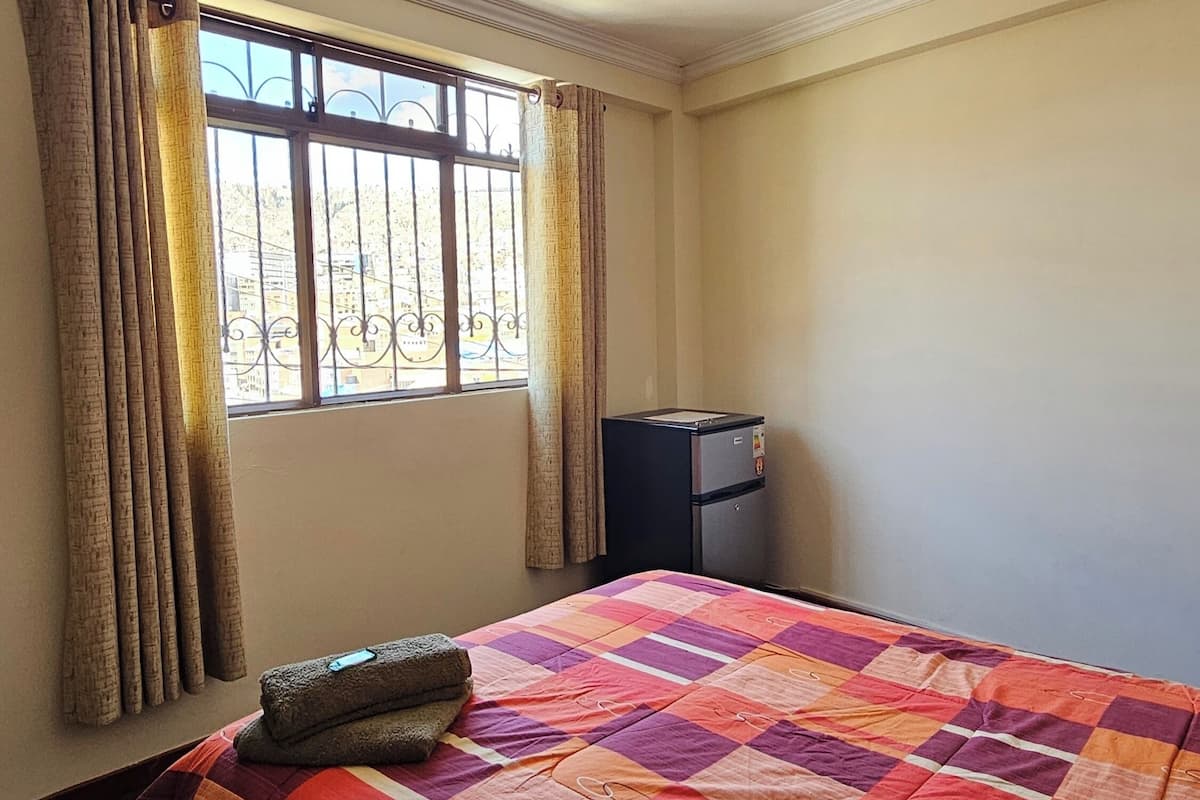 A room with a bed, a window with curtains, and a small heater.