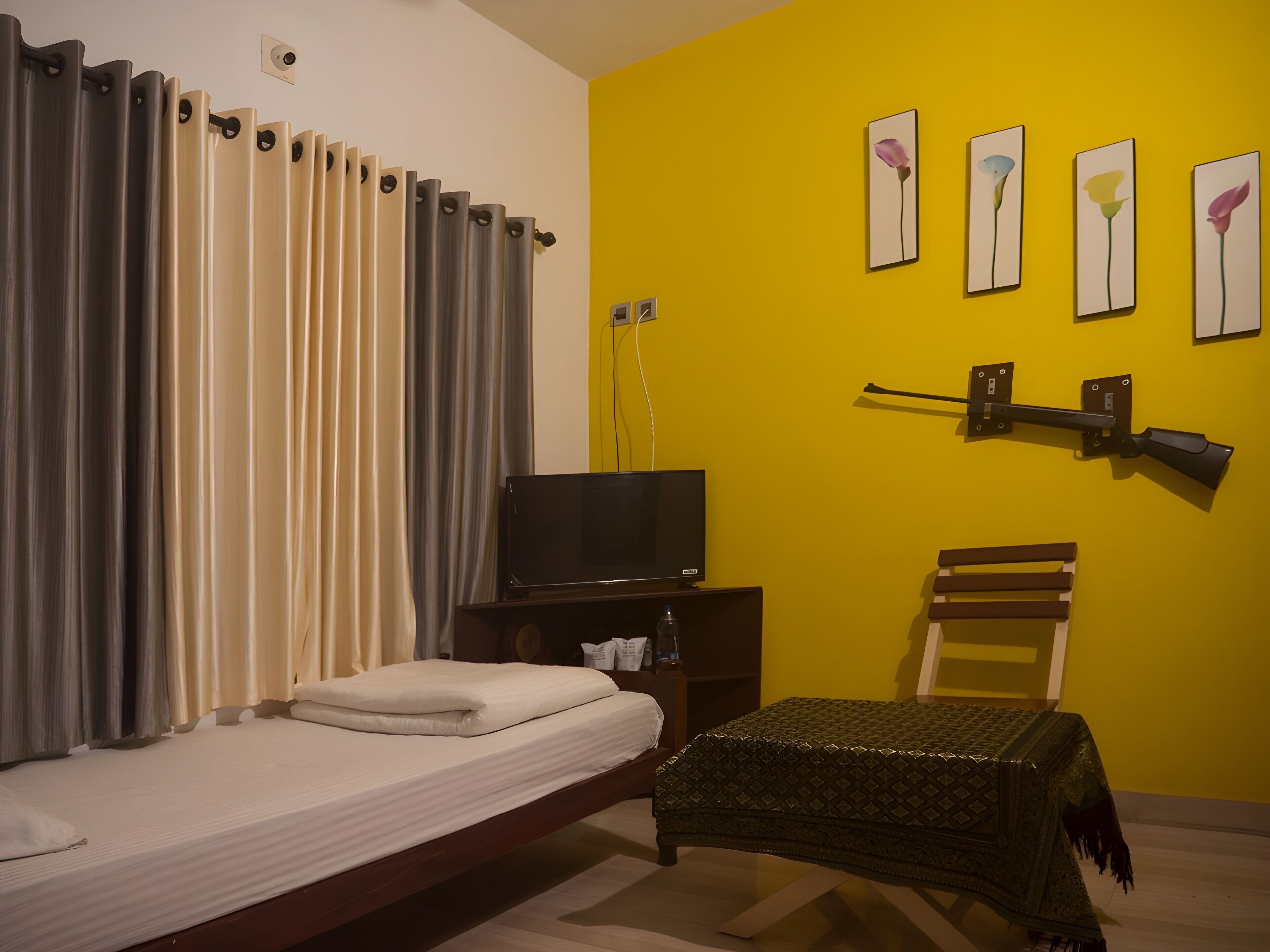 Una habitación con una cama, televisión, una silla y una pared amarilla decorada con pinturas de flores.