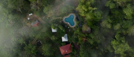 An aerial view of a property with a swimming pool, multiple buildings, and dense surrounding vegetation.