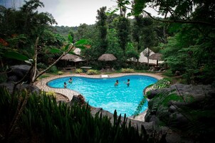 Una piscina rodeada de vegetación tropical y construcciones con techo de paja.
