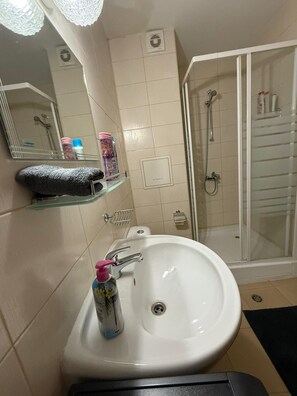 Dusche, Haartrockner, Handtücher, Seife