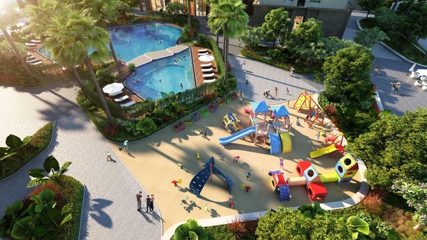 A children's play area with a pool, slides, and various play structures.