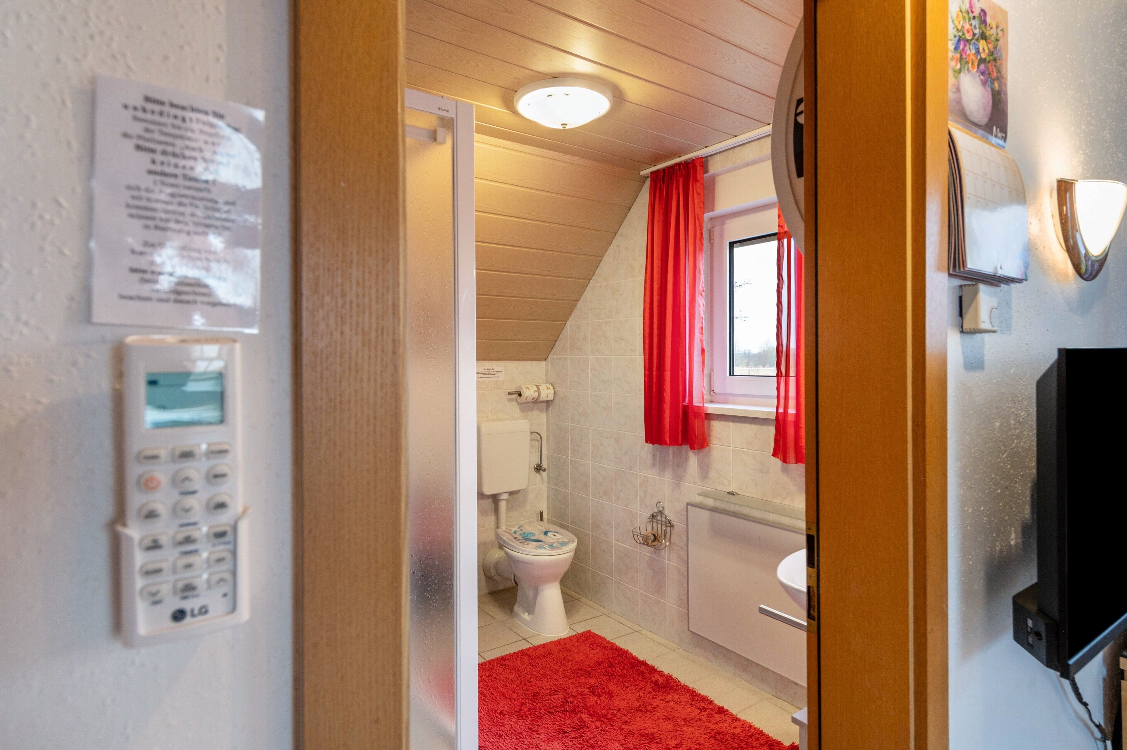 Een badkamer met toilet, wastafel en douche, een rood tapijt en een tv aan de muur.