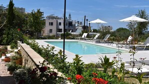 Zona de piscina con sillones de playa y sombrillas, rodeada de vegetación y edificios.