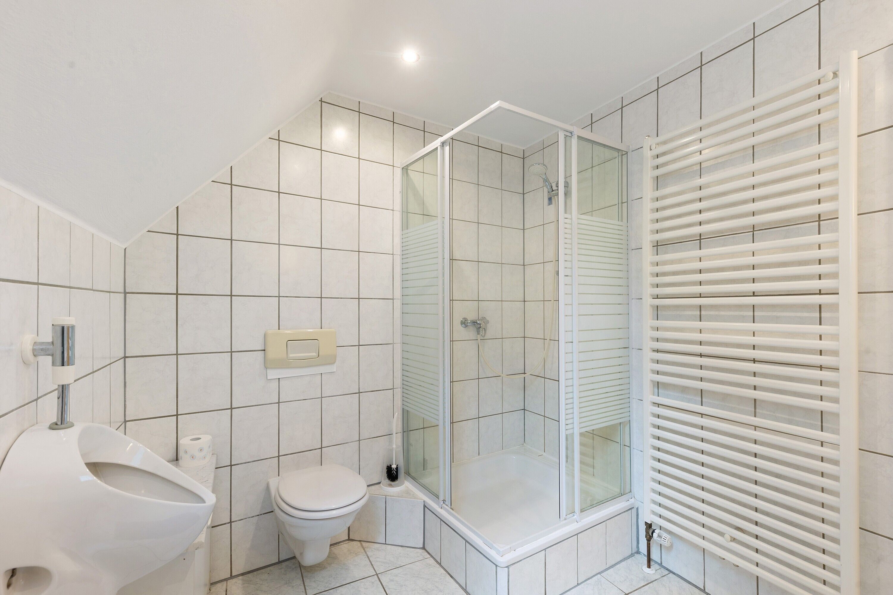 A modern bathroom with a glass-enclosed shower, a toilet, and a urinal.