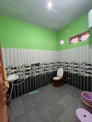 Shower, towels, soap, toilet paper