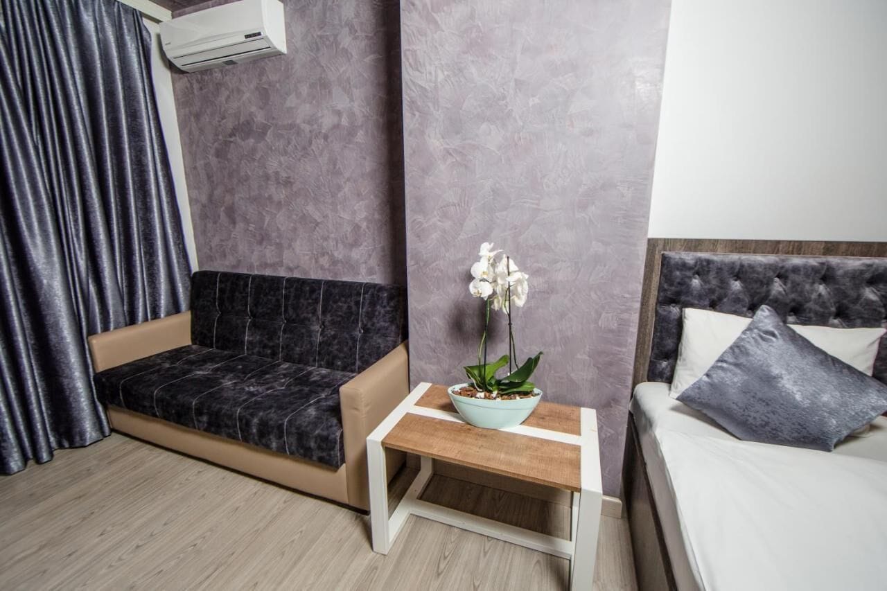 Una habitación moderna con sofá, una mesita con una planta, cama con almohadas y aire acondicionado.
