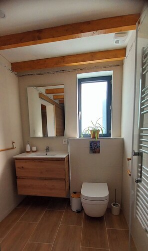 Shower, eco-friendly toiletries, hair dryer, towels