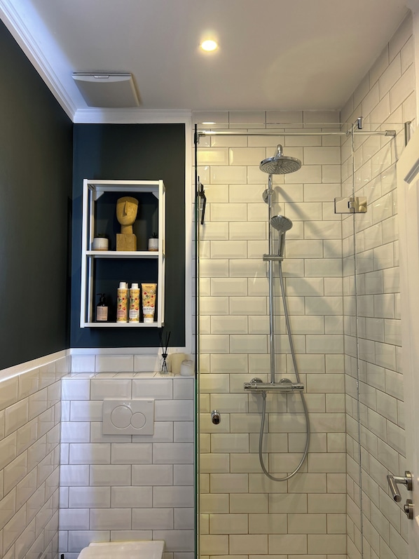 Dusche, Haartrockner, Handtücher, Seife