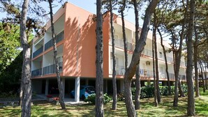 Un immeuble à plusieurs étages doté de balcons, entouré d’arbres.
