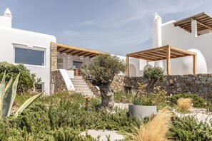 Un edificio moderno blanco con muro de piedra, pérgolas de madera y diversas plantas.