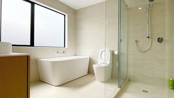 Shower, hair dryer, towels, soap