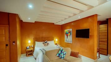 Quarto casal família, 1 cama de casal e sofá-cama, sacada, vista para o jardim | Roupas de cama de algodão egípcio, roupas de cama premium