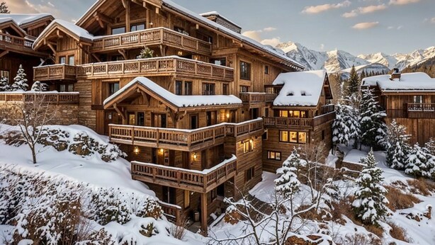 Una cabaña de madera de varios pisos con balcones y un entorno cubierto de nieve.