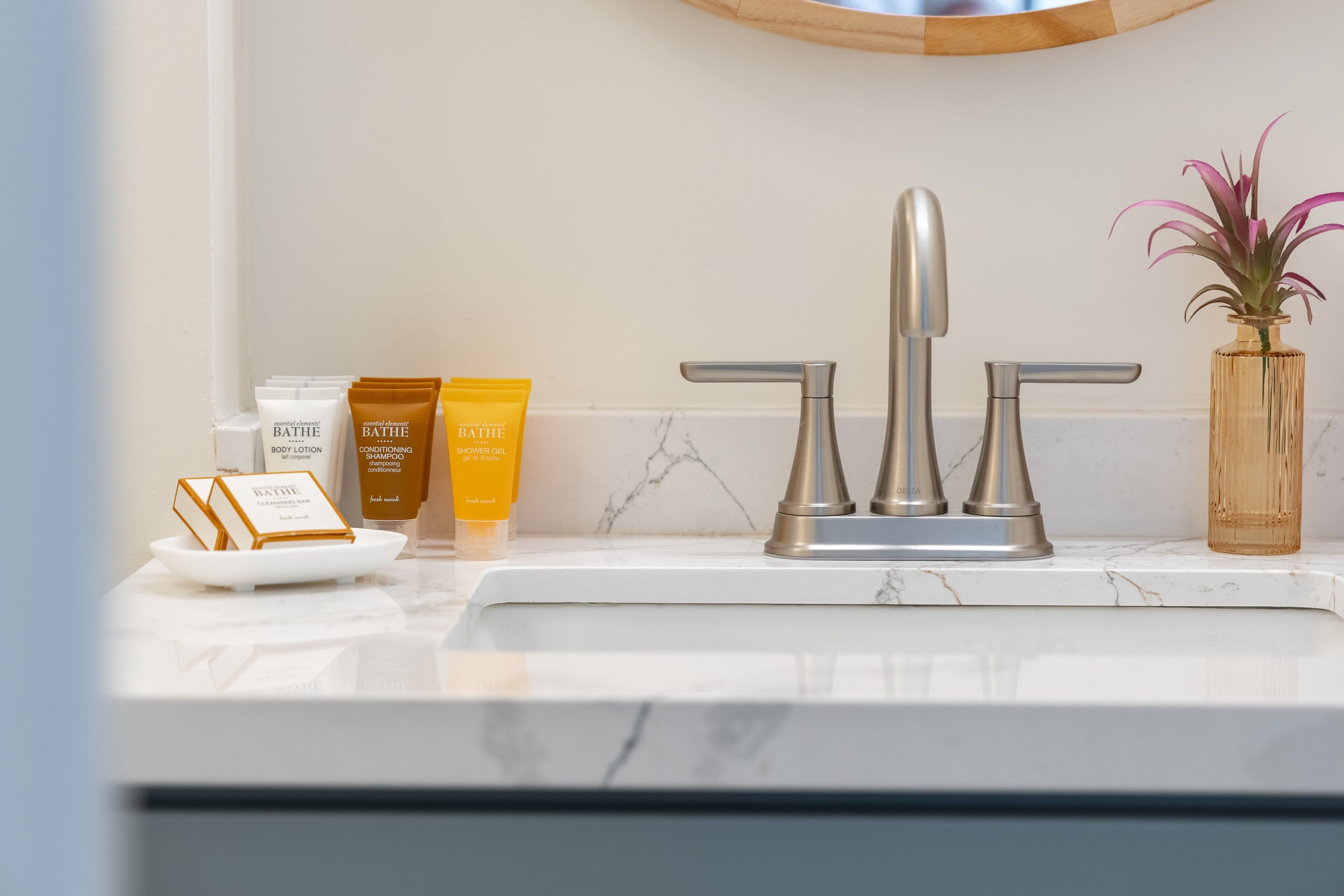 Hair dryer, towels, soap, shampoo