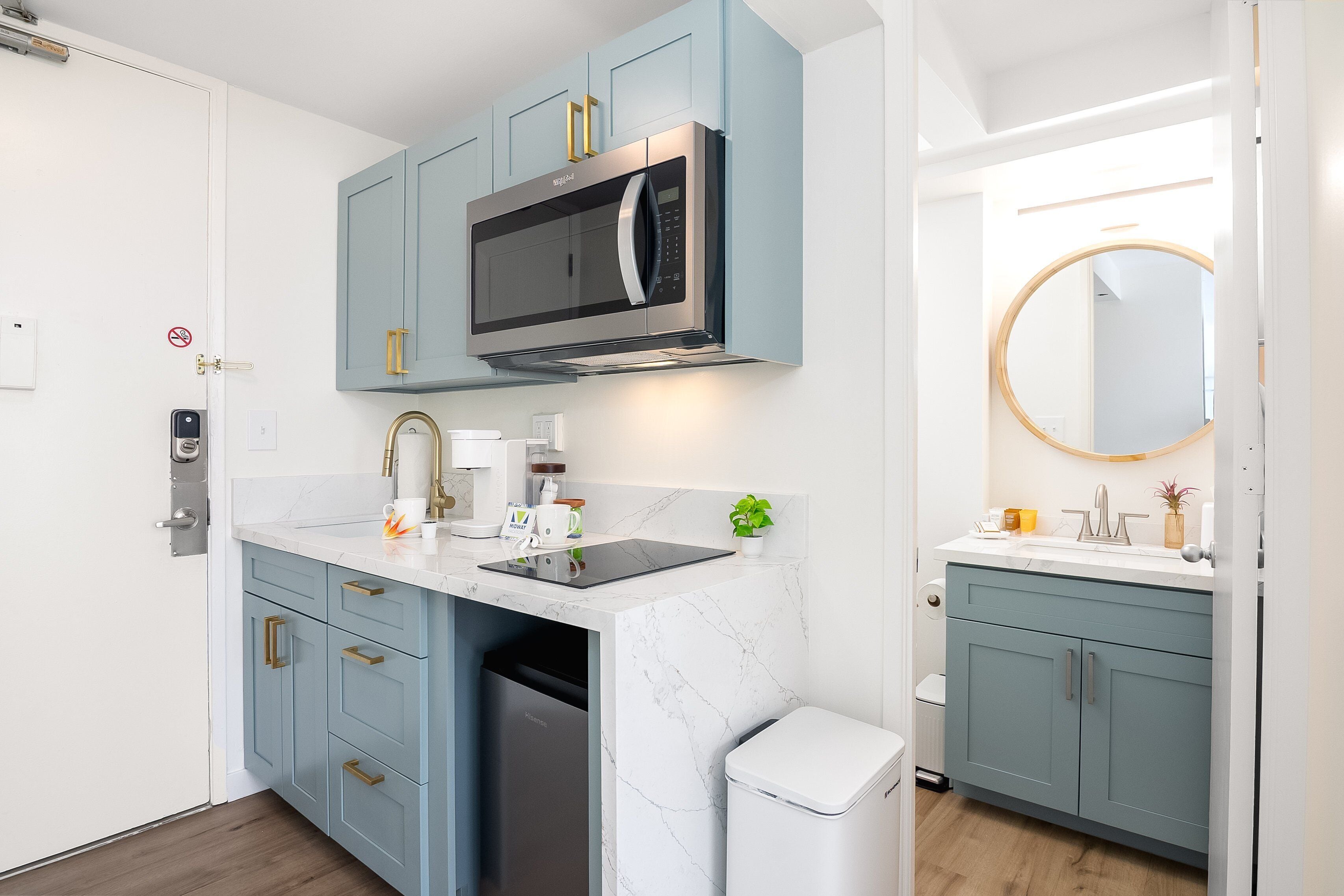 Microwave, stovetop, coffee/tea maker, electric kettle