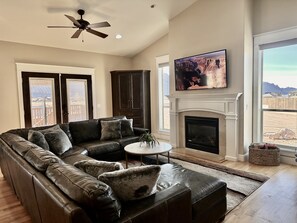 Smart TV, fireplace, DVD player, table football