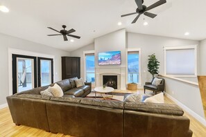 Smart TV, fireplace, DVD player, foosball