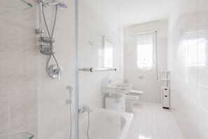 Shower, hair dryer, bidet, towels
