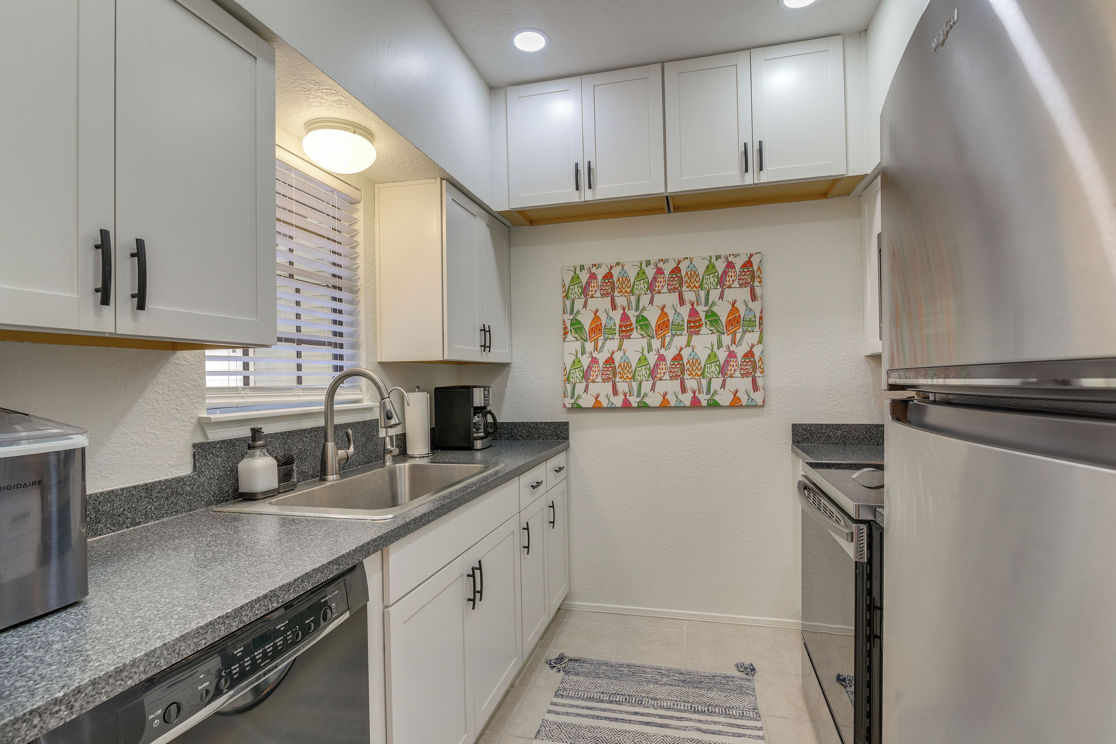 A modern kitchen with white cabinets, stainless steel appliances, and a colorful bird-themed wall mural.