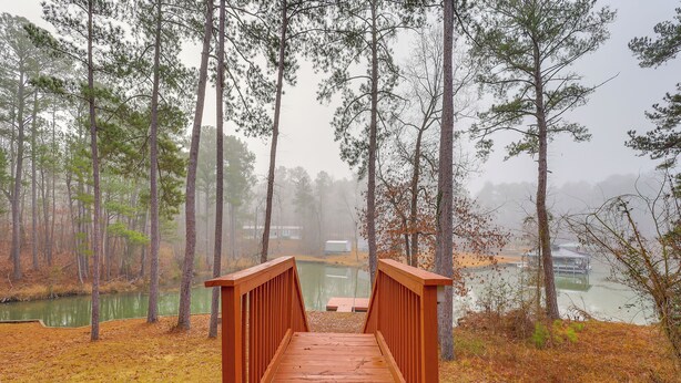Un ponte di legno conduce a un molo su acque calme, circondato da alti pini e avvolto da una fitta nebbia.