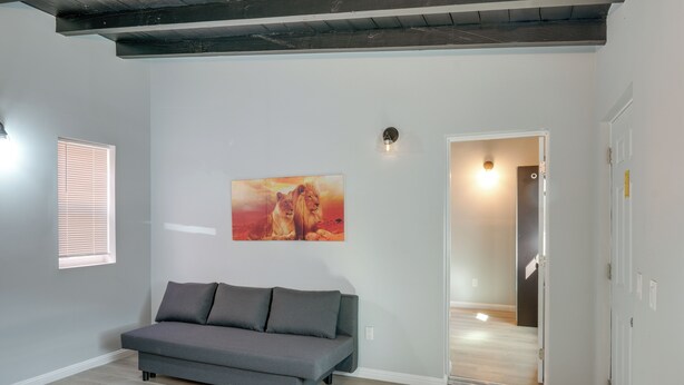 Un salon avec un canapé gris, un tableau représentant des lions et un plancher en bois.