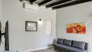 Un salon avec un canapé gris, un téléviseur à écran plat fixé au mur, un tableau encadré et une grande peinture représentant des lions.
