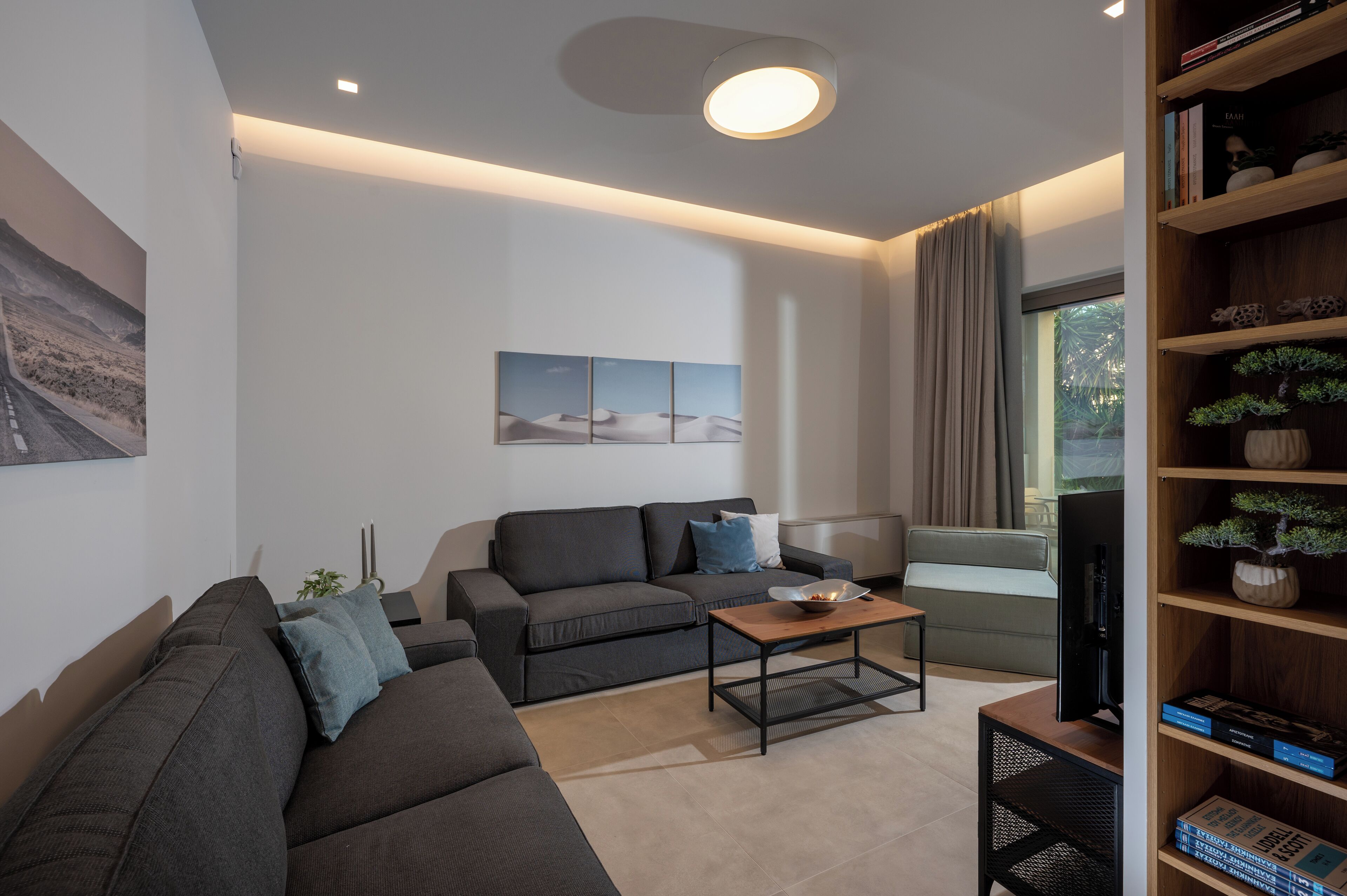 Een moderne woonkamer met een bank, salontafel en een televisie. Er is een boekenkast met boeken en decoratieve objecten.