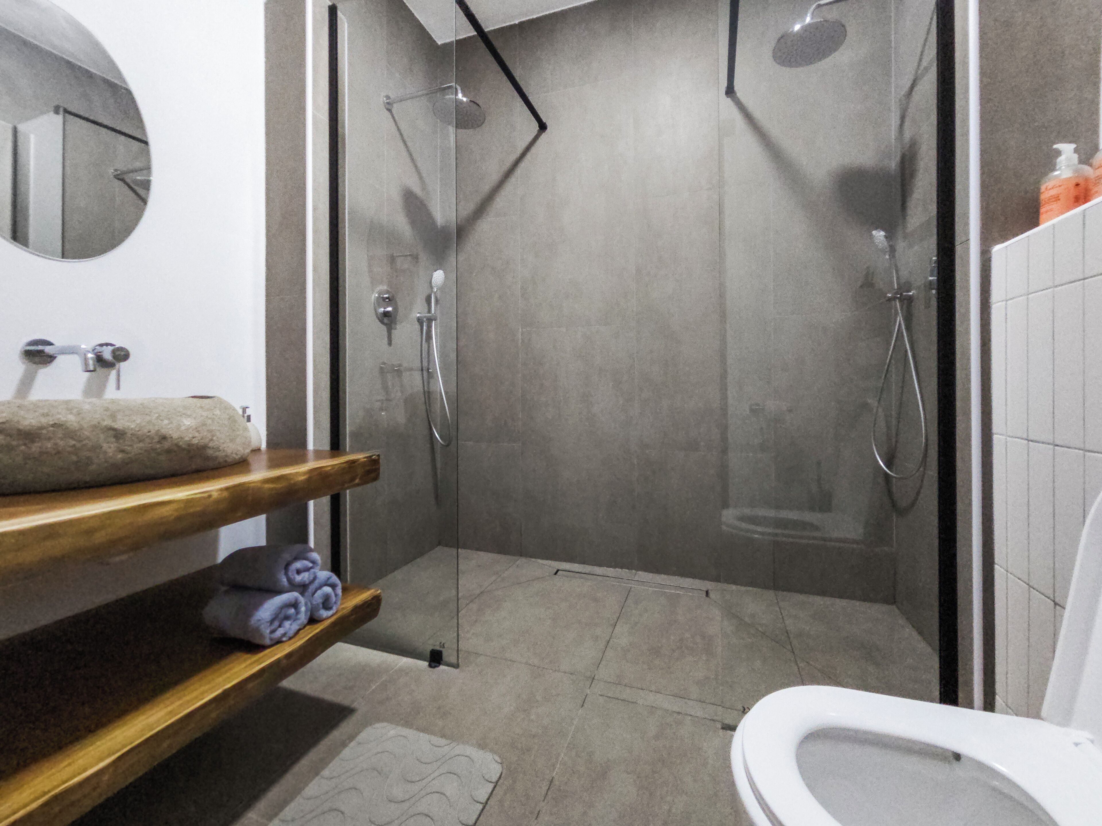 Hair dryer, towels, toilet paper