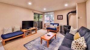 A living room with a sofa, a chair, a coffee table, a TV, and a fireplace. - Lakeland Getaway Walk to Lake! (South Lake Tahoe)