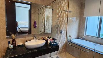 Hair dryer, towels, toilet paper