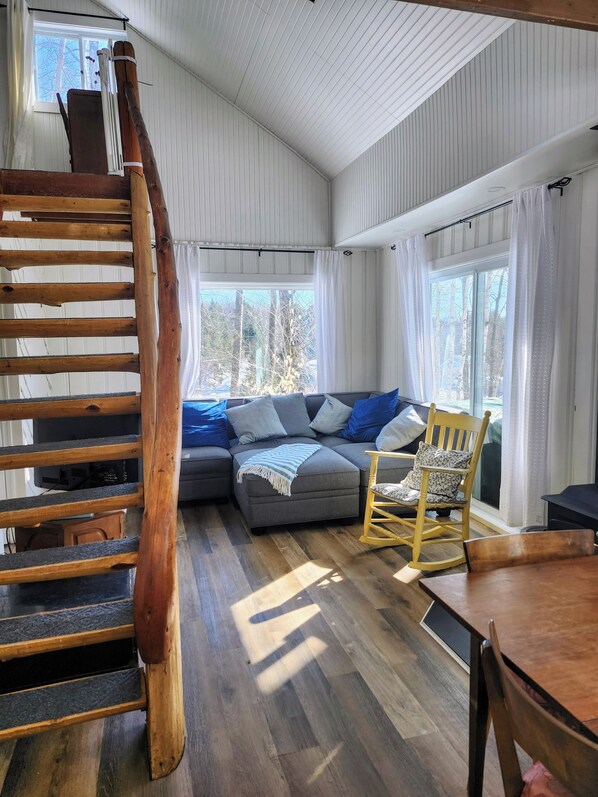 Älytelevisio, takka, DVD-soitin, kirjoja