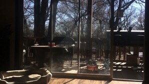 A room with a large window, a wooden floor, and a pet bed.