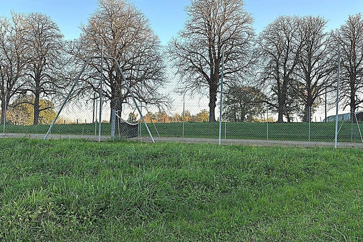 Een grasveld met een hek van gaas en kale bomen.