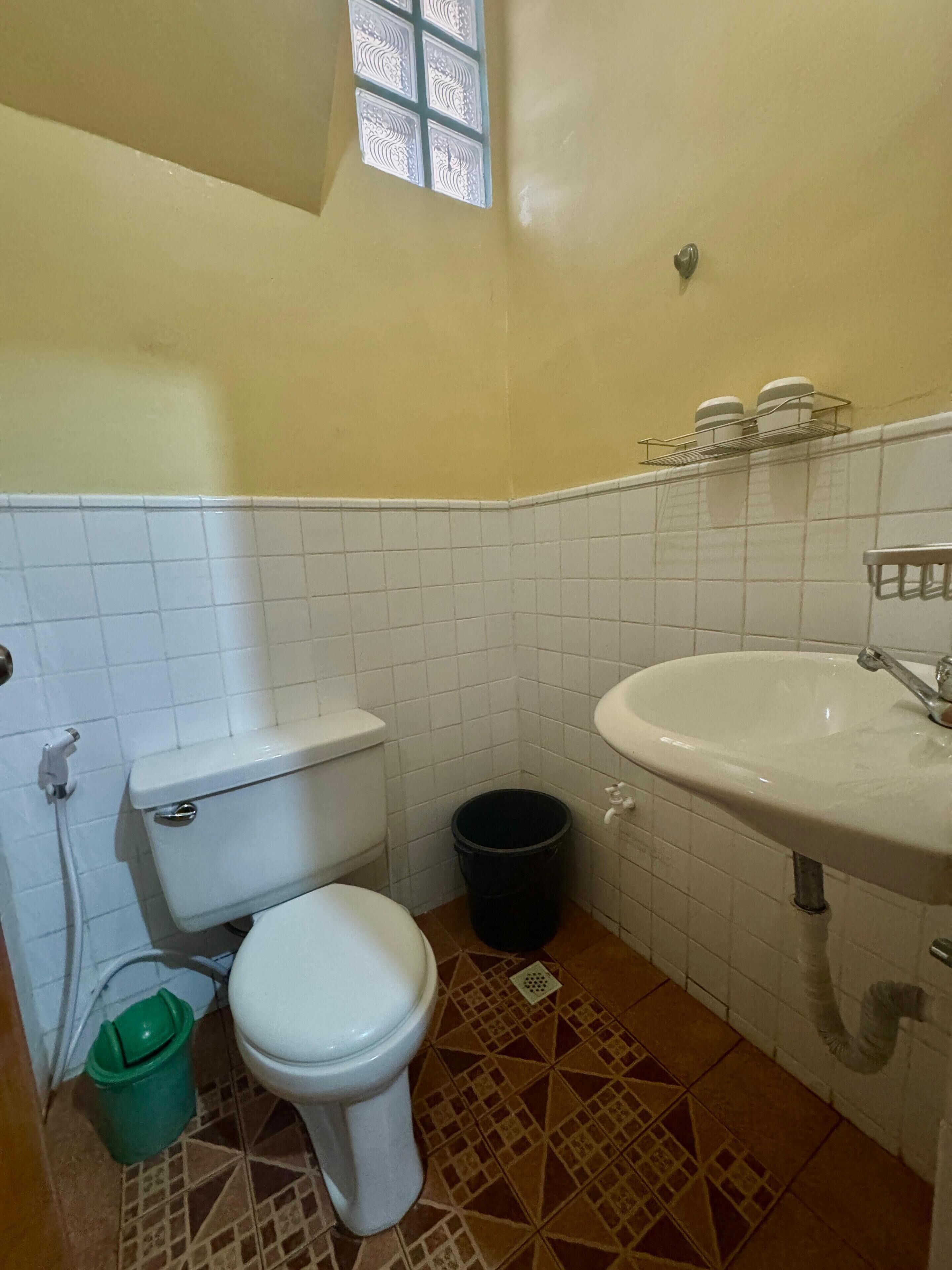 A bathroom with a toilet, sink, and a window above the sink.