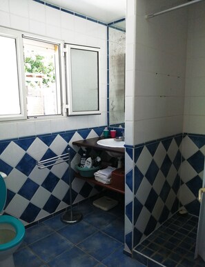 Douche, serviettes fournies, papier toilette
