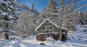 A cabin surrounded by snow-covered trees, with a wooden deck and a clear sky.