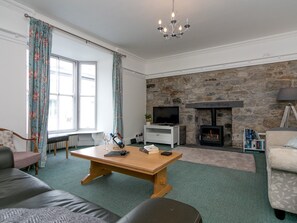 TV, fireplace, books