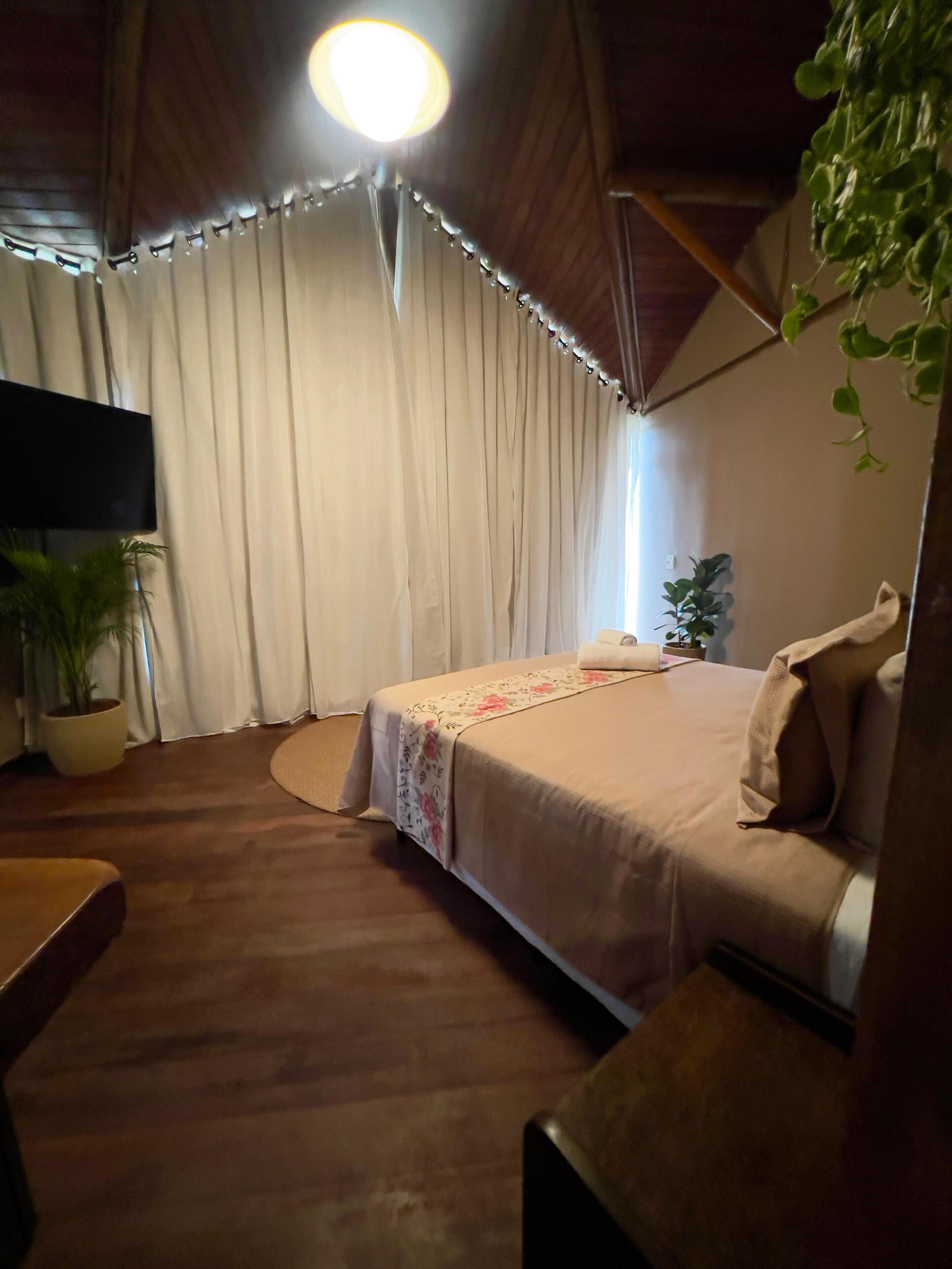 A bedroom with a bed, a bedside table, a potted plant, and a television on the wall.