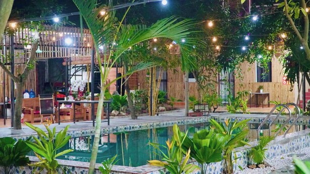 Un área de piscina al aire libre con terraza de madera, luces colgantes y varias plantas.