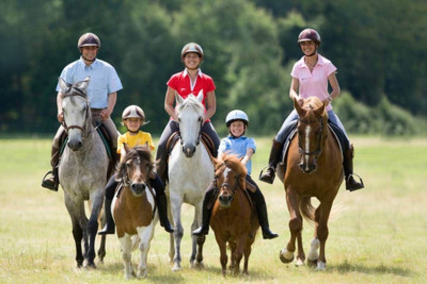 A group of people riding horses in a grassy field.
