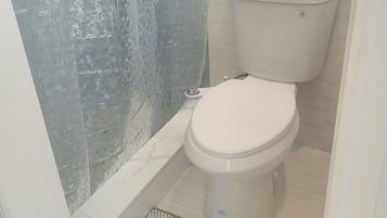 Shower, towels, soap, toilet paper