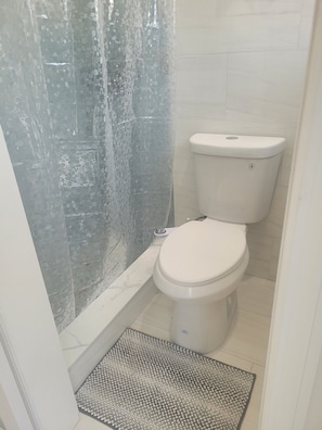 Shower, towels, soap, toilet paper