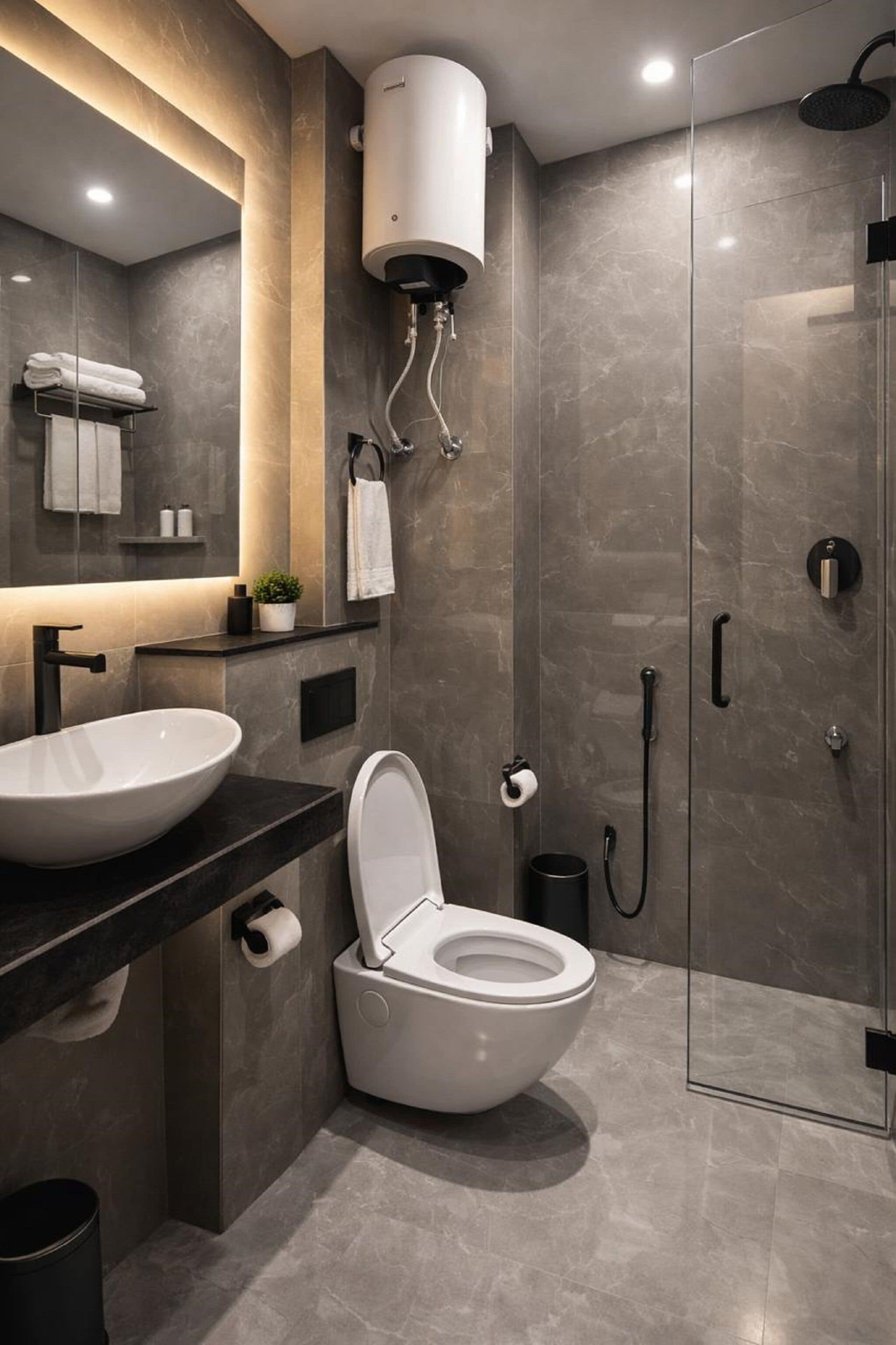 Shower, slippers, towels, soap