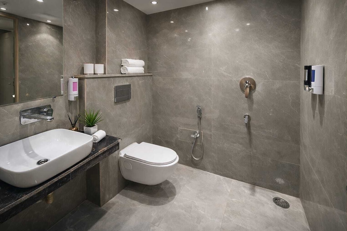 A modern bathroom with a large sink, toilet, and shower.