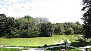 A serene lakeside park with a gazebo, picnic tables, and lounge chairs.