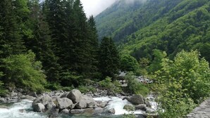 Um rio serpenteia por um vale arborizado, com um muro de pedra em uma margem.