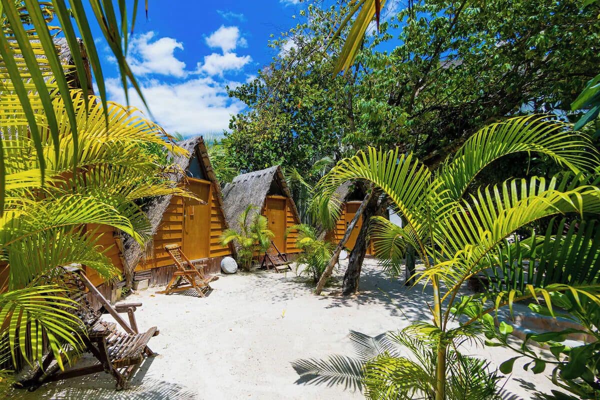 Un resort tropical con cabañas de techo de paja, palmeras y un sendero de arena.